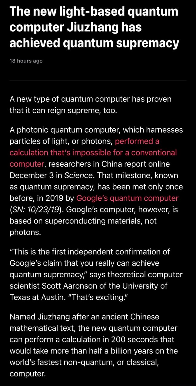 The New Light Based Quantum Computer Jiuzhang Has Achieved Quantum