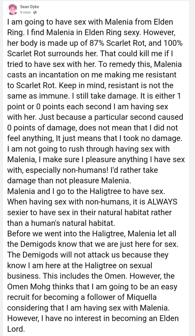 Sean Dyke am going to have sex with Malenia from Elden Ring. I find Malenia  in