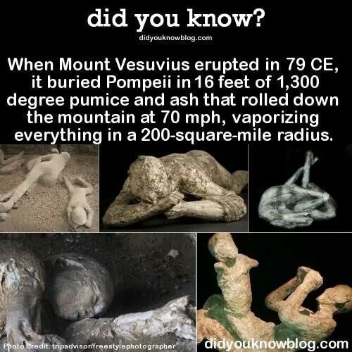 Did you know? ummmmm m. When Mount Vesuvius erupted in 79 CE, it buried  Pompeii in16 feet of 1,300 degree pumice and ash that rolled down the  mountain at 70 mph, vaporizing