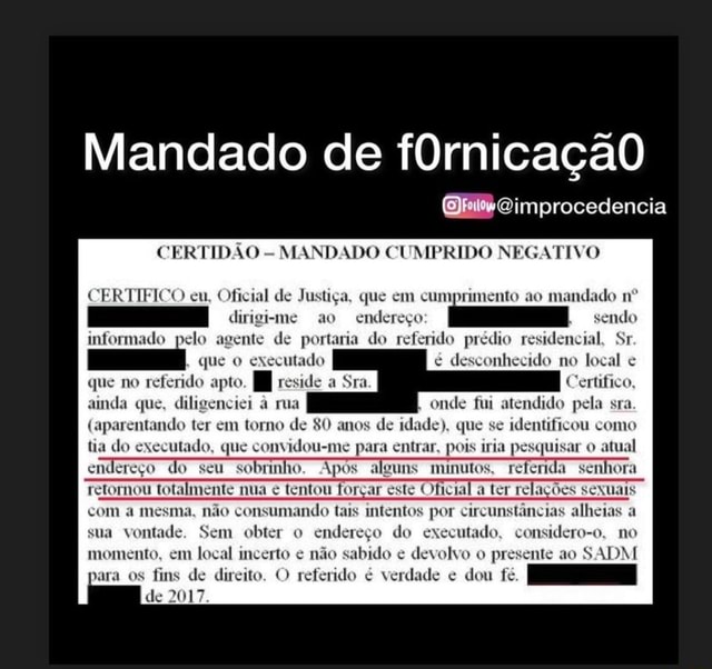 Mandado de fOrnicaçãoO improcedencia CERTIDÃO MANDADO CUMPRIDO NEGATIVO ...