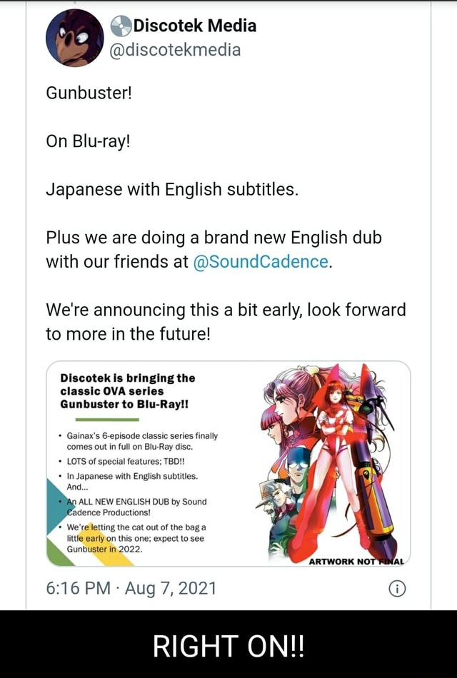 @discotekmedia Gunbuster! On Blu-ray! Japanese with English subtitles