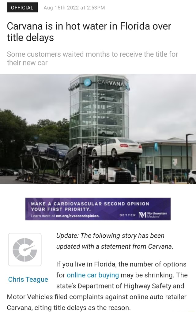 OFFICIAL Aug 15th 2022 at Carvana is in hot water in Florida over title