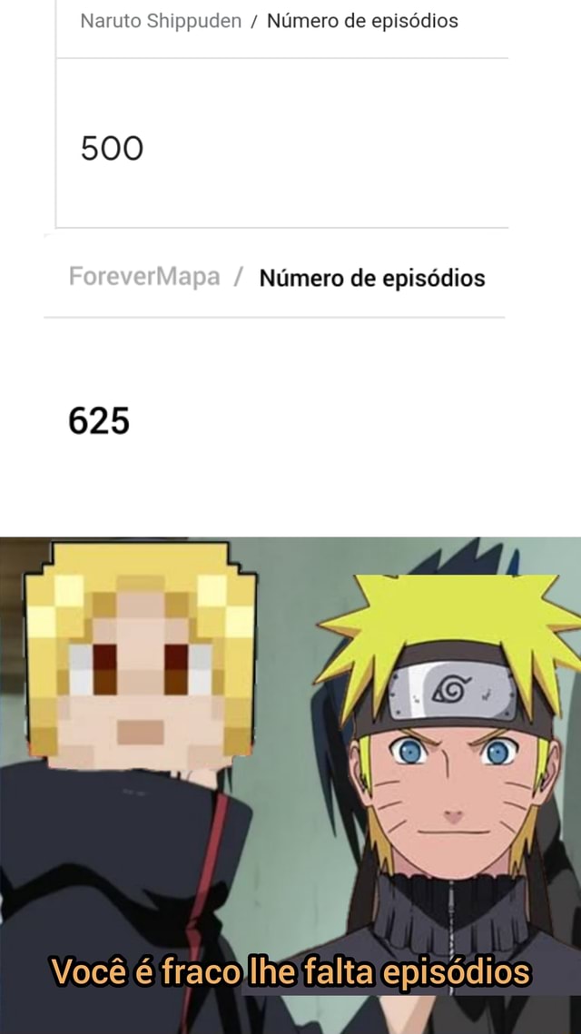 Naruto Shippuden Número de episódios 500 Número de episódios 625 Você é  falta episódios - iFunny Brazil
