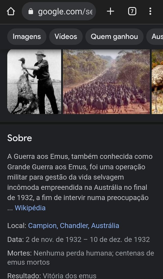 Ô + Imagens Vídeos Quem ganhou Aus Sobre Guerra aos Emus, também