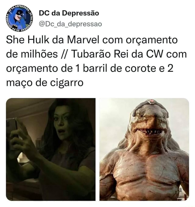 She Hulk da Marvel com orçamento de milhões Tubarão Rei da CW com orçamento  de 1 barril de corote e 2 maço de cigarro - iFunny Brazil