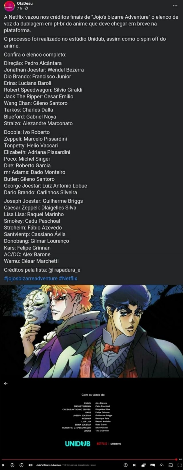 Elenco de dublagem para Jojo s Bizarre Adventure inclui Guilherme Briggs,  Wendel Bezerra e mais