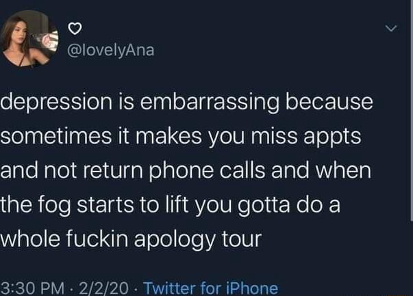 Depression is embarrassing because sometimes it makes you miss appts ...