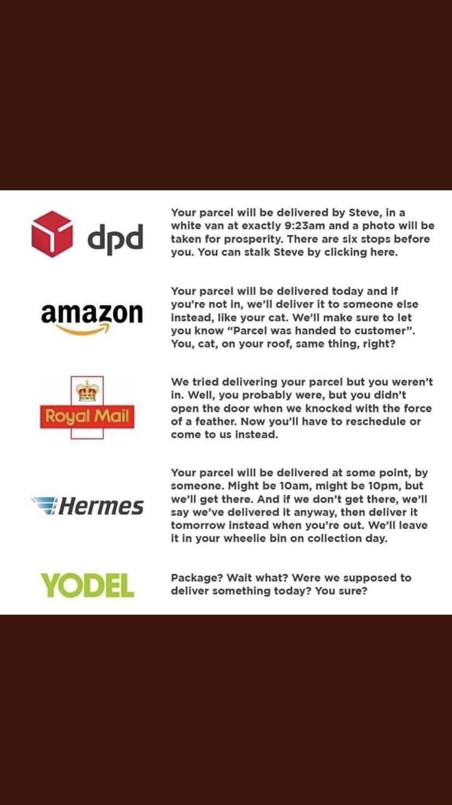 Amazon Royal Mail = Hermes YODEL Your parcel will be delivered by Steve