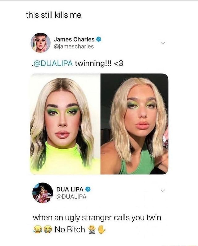 This still kills me James Charles @jamescharies @DUALIPA twinning!!! <3 DUA  LIPA @DUALIPA when an ugly stranger calls you twin No Bitch - iFunny Brazil