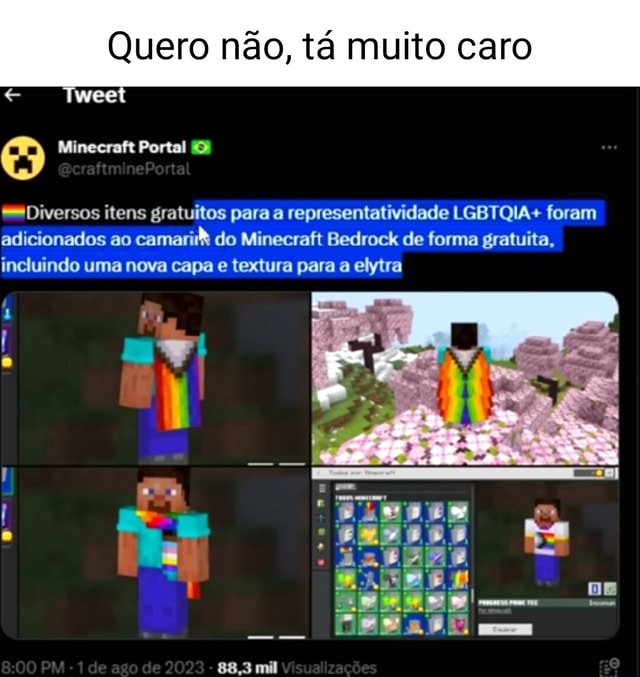 Minecraft Portal 🎄🇧🇷 #MAM2023 on X: 🏳️‍🌈Diversos itens gratuitos para  a representatividade LGBTQIA+ foram adicionados ao camarim do Minecraft  Bedrock de forma gratuita, incluindo uma nova capa e textura para a elytra