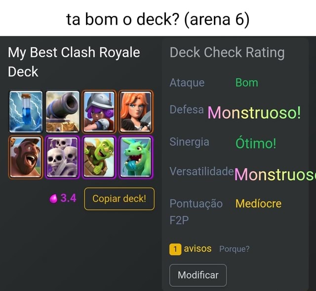 My Best Clash Royale Deck 44 I Copiar deck! Deck Check Rating Ataque Bom  Defesa Monstruoso! Sinergia Bom Versatilidade Bom Pontuação Ruim - iFunny  Brazil