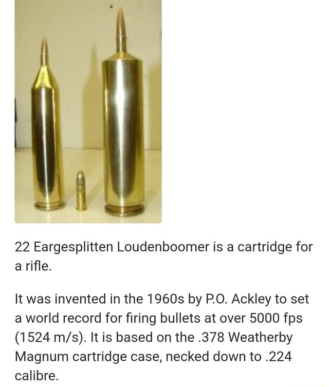 22 Eargesplitten boomer is a cartridge for a rifle. It was invented in ...