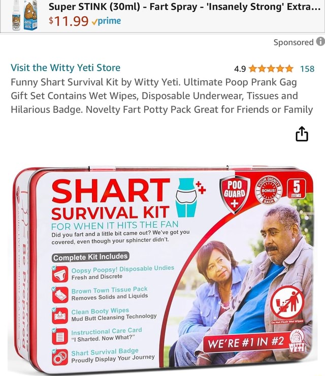  Funny Shart Survival Kit by Witty Yeti. Ultimate Poop Prank Gag Gift  Set Contains Wet Wipes, Disposable Underwear, Tissues and Hilarious Badge.  Novelty Fart Potty Pack Great for Friends or Family 