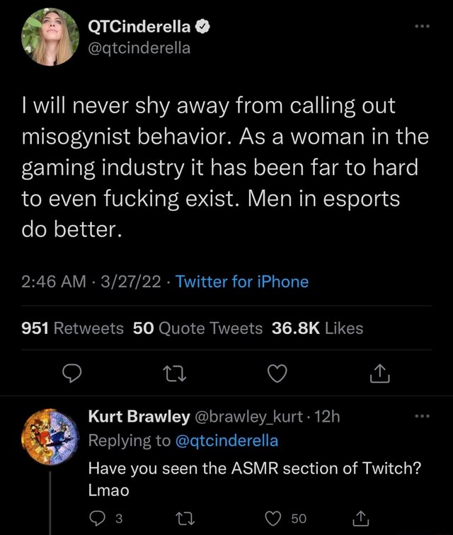 QTCinderella @qtcinderella I will never shy away from calling out  misogynist behavior. As a woman in the gaming industry it has been far to  hard to even fucking exist. Men in esports