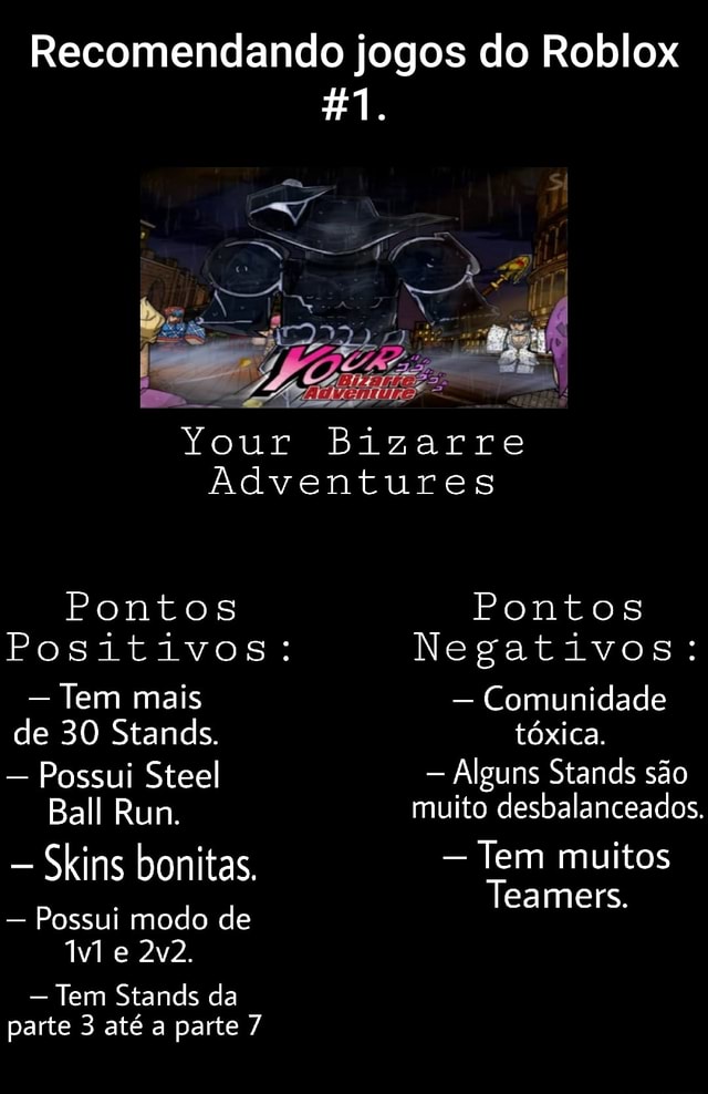 Recomendando jogos do Roblox Your Bizarre Adventures Pontos Pontos  Positivos: Negativos: - Tem mais - Comunidade de 30