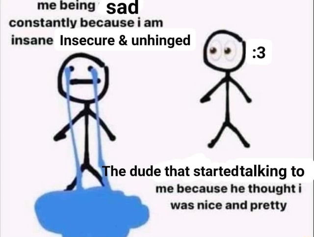 Mebeing sad constantly because i am insane Insecure & unhinged he dude that  startedtalking to me because he thought i was nice and pretty - iFunny  Brazil