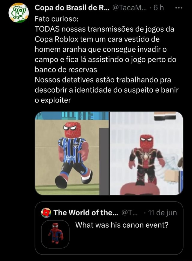 Copa do Brasil de R Taca - Fato curioso: TODAS nossas transmissões de  jogos da Copa Roblox tem um cara vestido de homem aranha que consegue  invadir o campo e fica lá