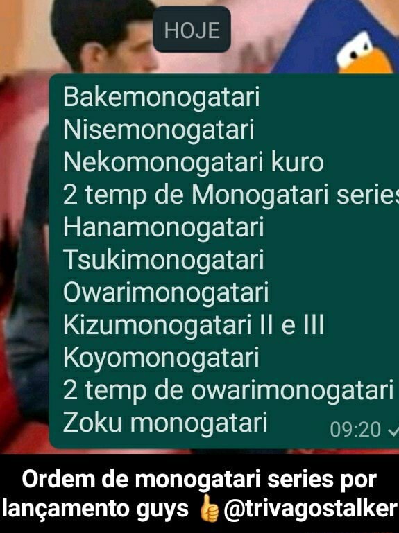 HOJE Bakemonogatari Nisemonogatari Nekomonogatari kuro kuro 2temp de  Monogatari serie: Hanamonogatari Tsukimonogatari Qwarimonogatar  Kizumonogatari III Koyomonogatari 2 temp de owarimonogatari Zoku monogatari  Ordem de monogatari