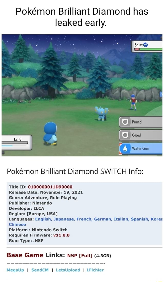 Pokmon Brilliant Diamond has leaked early. Water Gun Pokmon Brilliant  Diamond SWITCH Info: Title ID: 0100000011D90000
