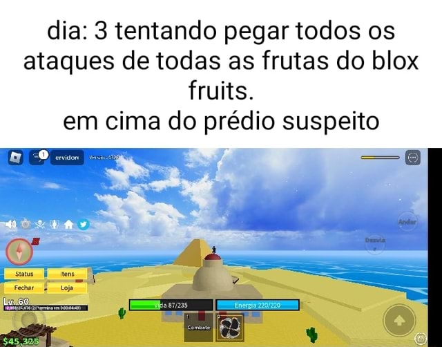 Dia: 3 tentando pegar todos os ataques de todas as frutas do blox fruits.  em cima do prédio suspeito - iFunny Brazil