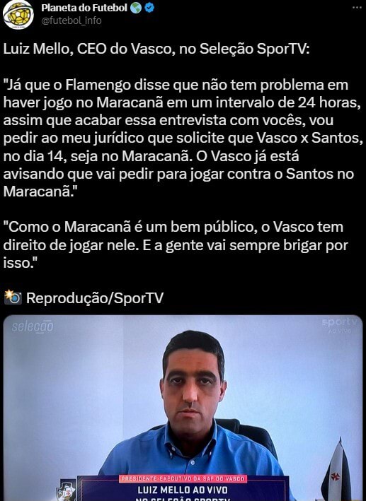 CEO do Vasco informa que vai pedir para jogar contra o Santos, no Maracanã:  “Se não