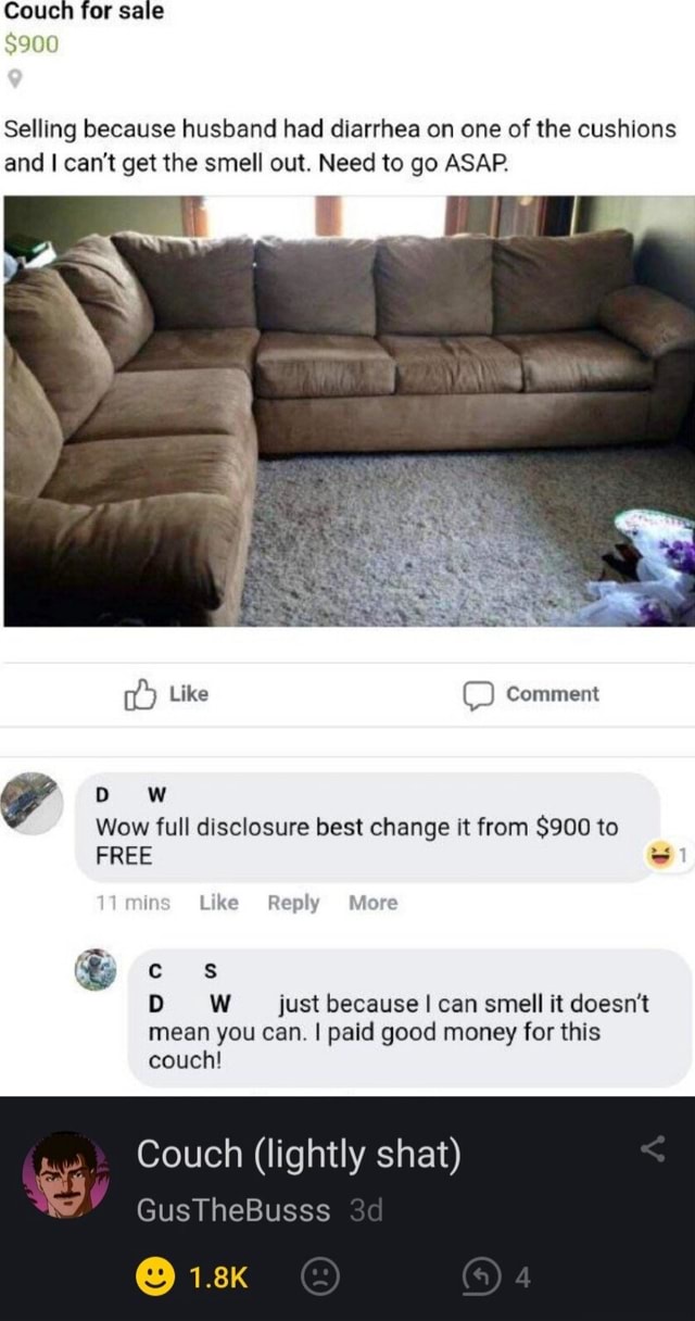 Couch for sale 900 Selling because husband had diarrhea on one of the