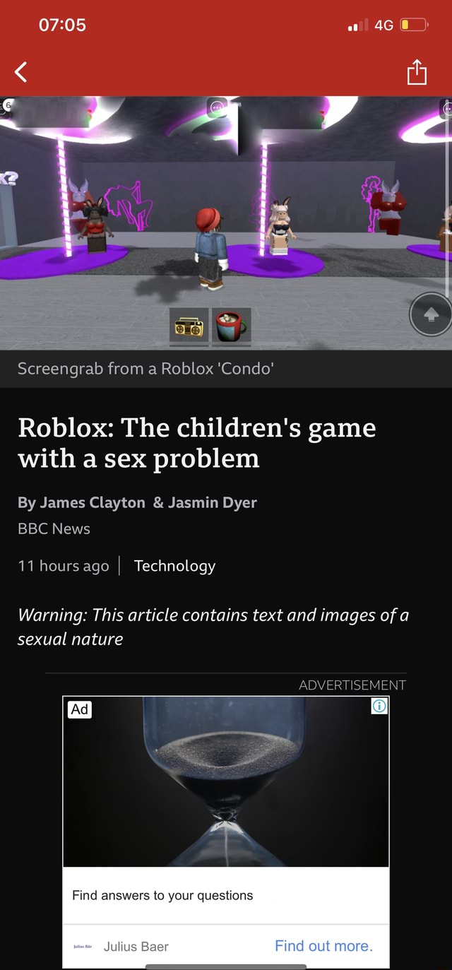 Screengrab from a Roblox 'Condo' Roblox: The children's game with a sex  problem By James Clayton & Jasmin Dyer BBC News 11 hours ago I Technology  Warning: This article contains text and