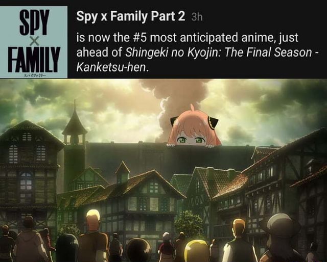 Spy x Family Part 2 Kanketsu-hen. is now the #5 most anticipated anime,  just ahead of Shingeki no Kyojin: The Final Season - - iFunny Brazil