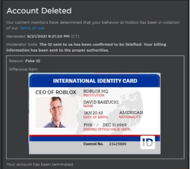 Roblox fake ID bans be like:, Banned From Roblox