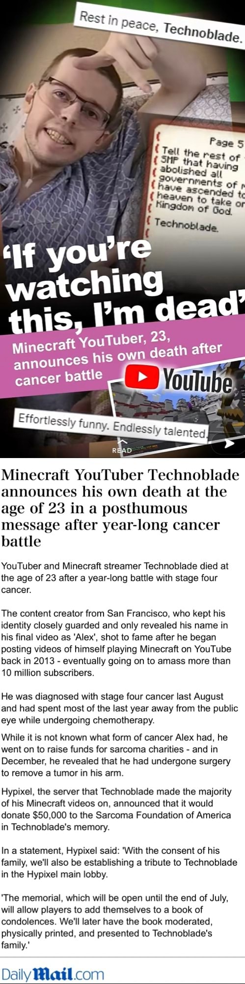 When did Minecraft streamer Technoblade get cancer?