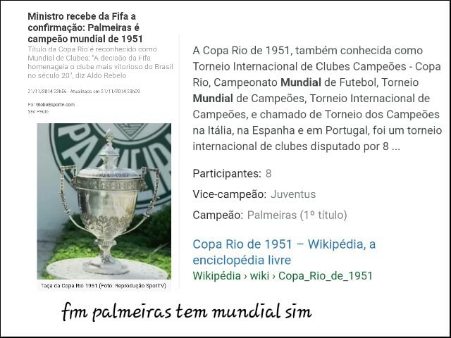 Campeão mundial de 1951 Tuo A Copa Rio de 1951, também conhecida como  Torneio Internacional de Clubes Campeões Copa Rio, Campeonato Mundial de  Futebol, Torneio Mundial de Campeões, Torneio Internacional de Campeões