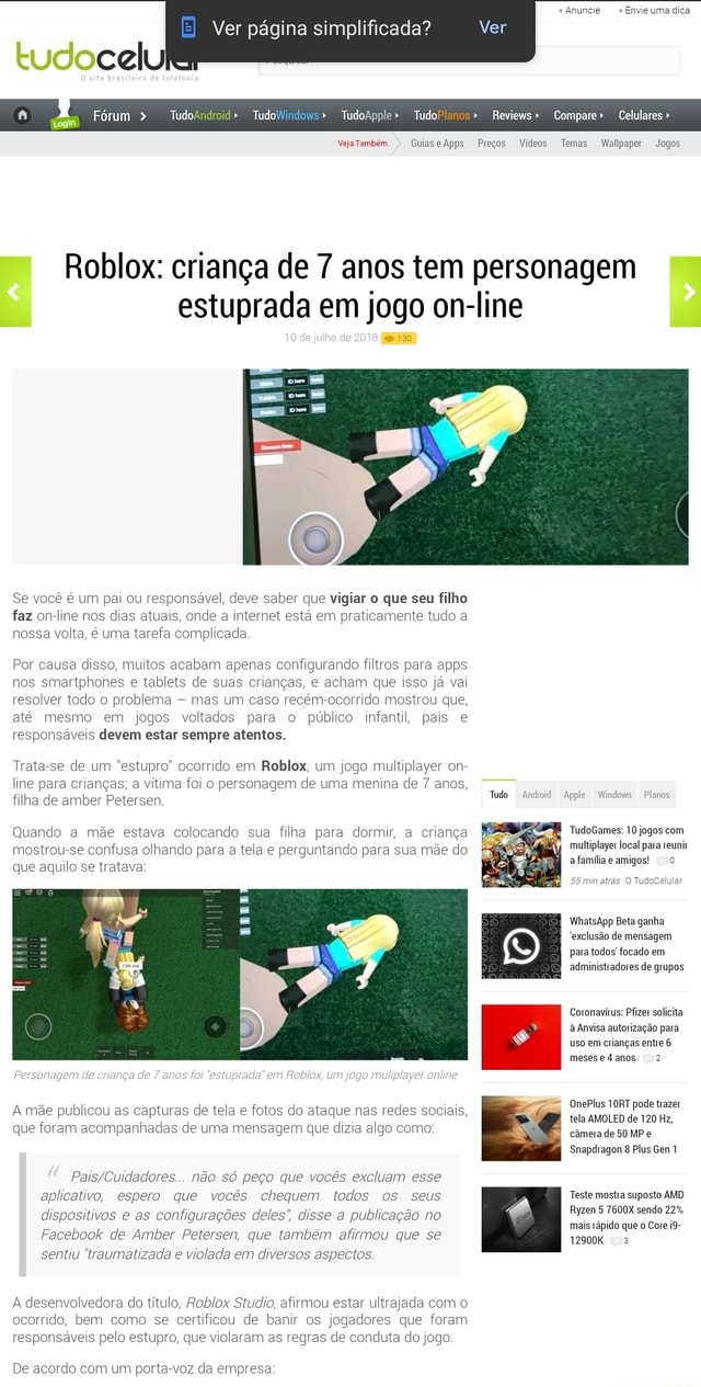 Roblox: criança de 7 anos tem personagem estuprada em jogo on-line 10 Julho  2018 - iFunny Brazil