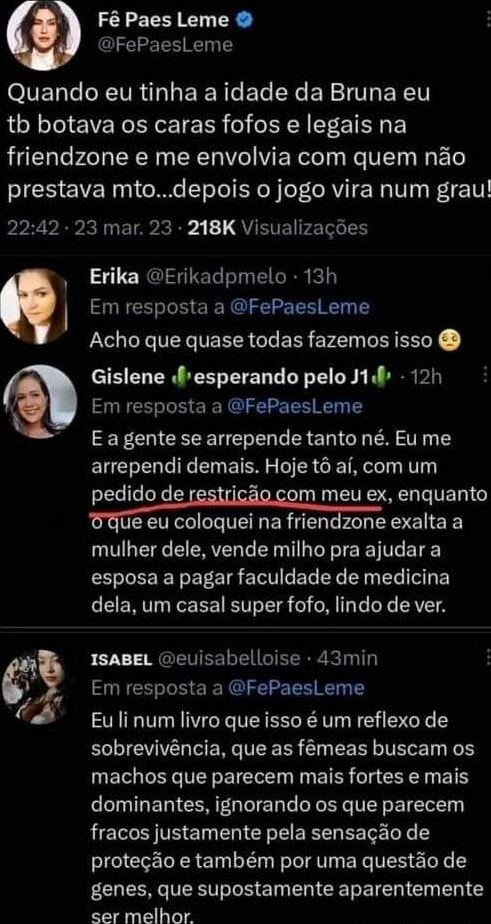 Quando eu tinha a idade da Bruna eu tb botava os caras fofos e legais na  friendzone e me envolvia com quem não prestava mto.. .depois o jogo vira  num grau! 23