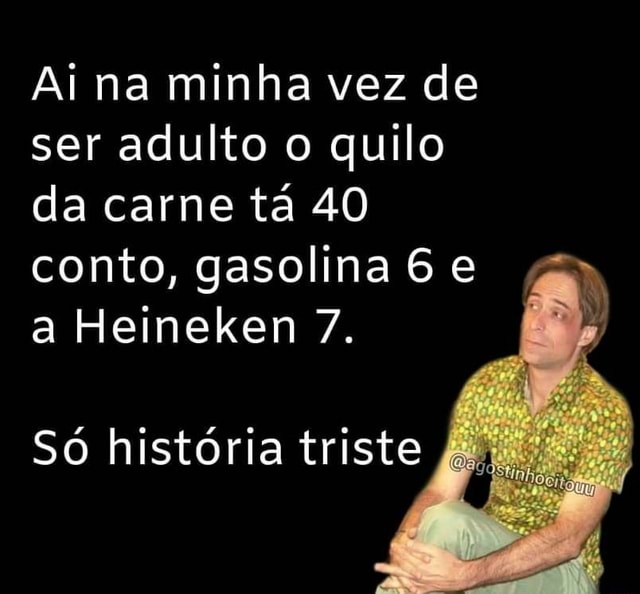 Ai na minha vez de ser adulto o quilo da carne tá 40 conto, gasolina 6 e  Heineken 7. Só história triste - iFunny Brazil