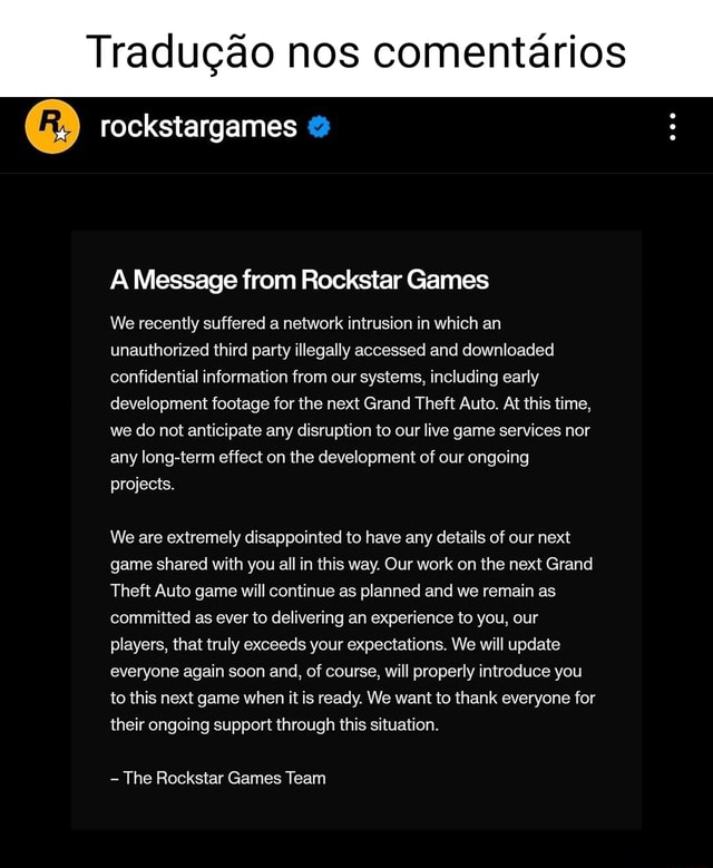 Tradução do Tweet da Rockstar e Sequência Q Rockstar Games Muitos