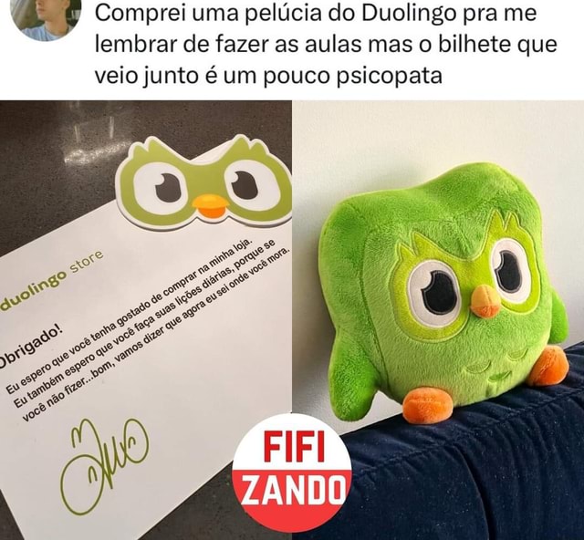 Comprei uma pelúcia do Duolingo pra me lembrar de fazer as aulas mas