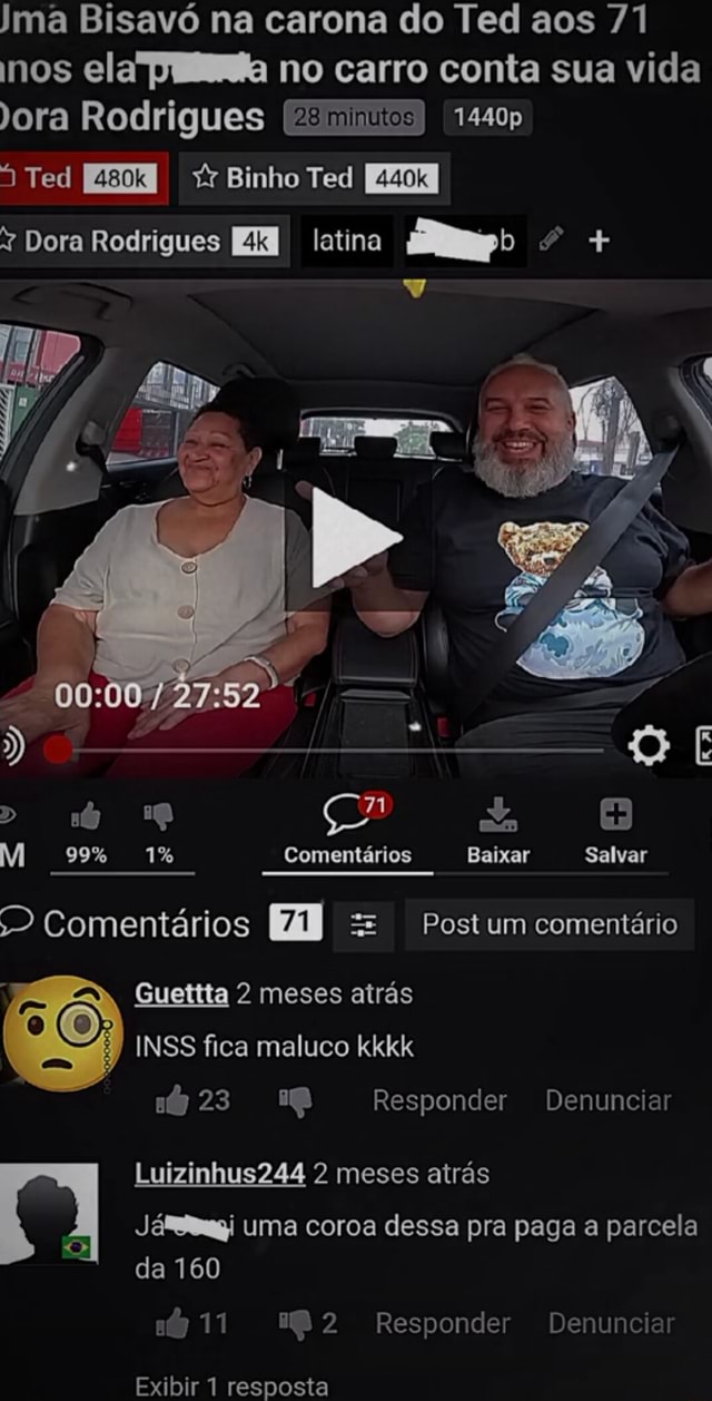 Jma Bisavó na carona do Ted aos 71 nos no carro conta sua vida ora  Rodrigues 1440p Ted *r Binho Ted Dora Rodrigues latina + 71 do 99% 1%  Comentários Baixar Salvar