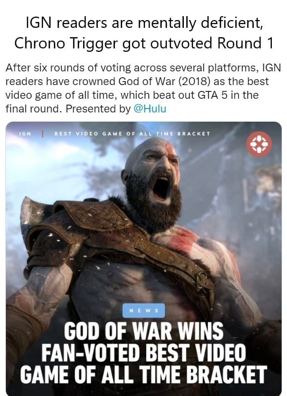 IGN readers are mentally deficient, Chrono Trigger got outvoted Round 1  After six rounds of voting