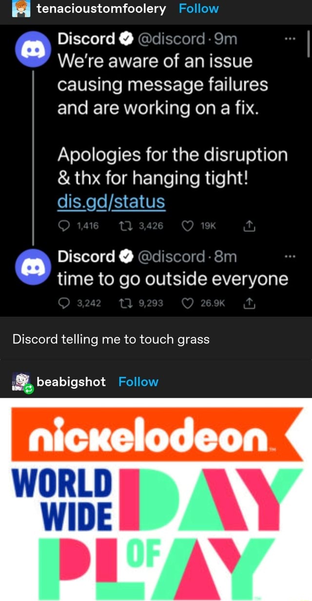 Discord @discord We're aware of an issue causing message failures