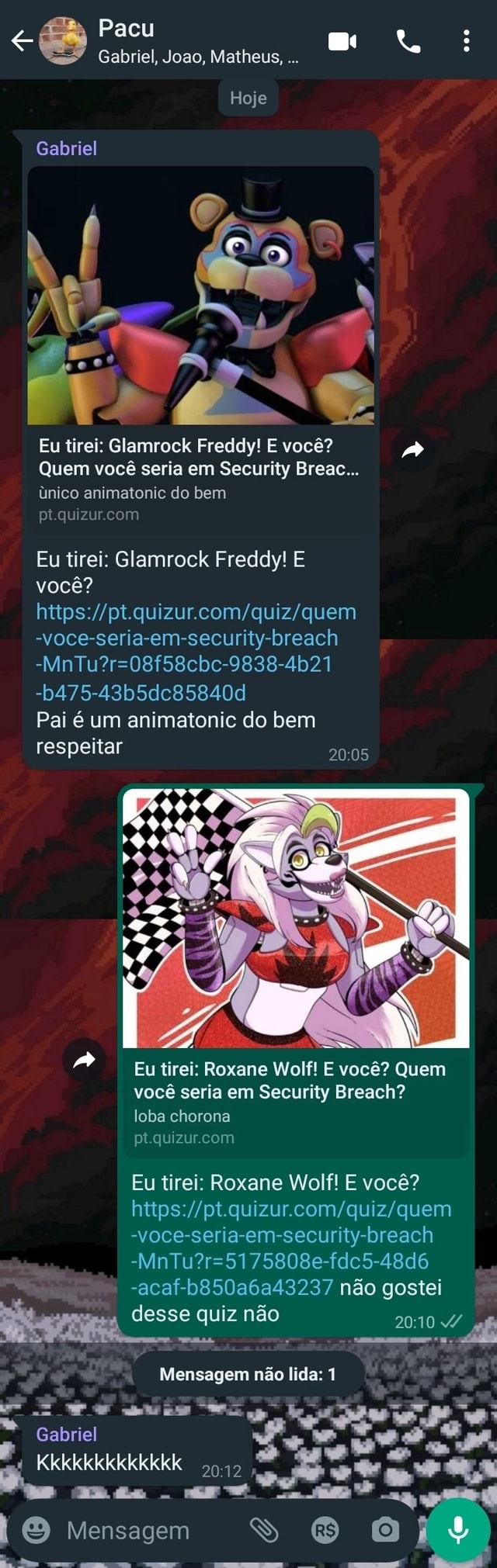 Pacu Gabriel, Joao, Matheus, Hoje Gabriel Eu tirei: Glamrock Freddy! E  você? Quem você seria em