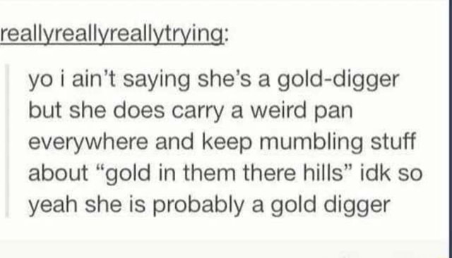 Reallyreallyreallytrying yo i ain't saying she's a gold-digger but she does  carry a weird