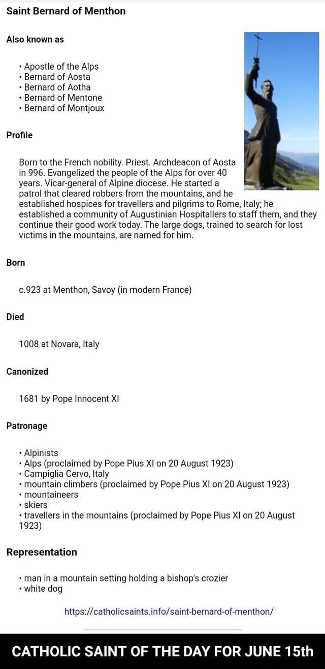 Saint Bernard of Menthon Also known as Apostle of the Alps + Bernard of  Aosta + Bernard of Aotha + Bernard of Mentone Bernard of Montjoux Profile  Born to the French nobility. Priest. Archdeacon of Aosta in 996.  Evangelized the people of the Alps for over ...
