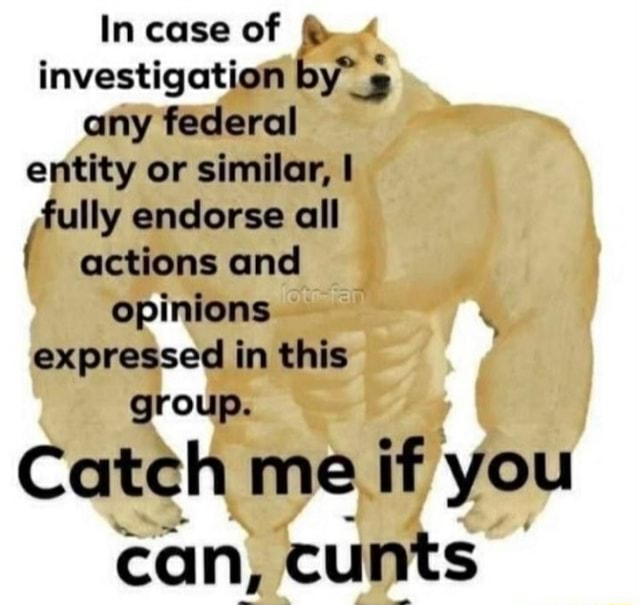 In case of investigation by" any federal entity or similar, I fully endorse all actions and opinions expressed in this group. Catch me if you can, cunts - iFunny