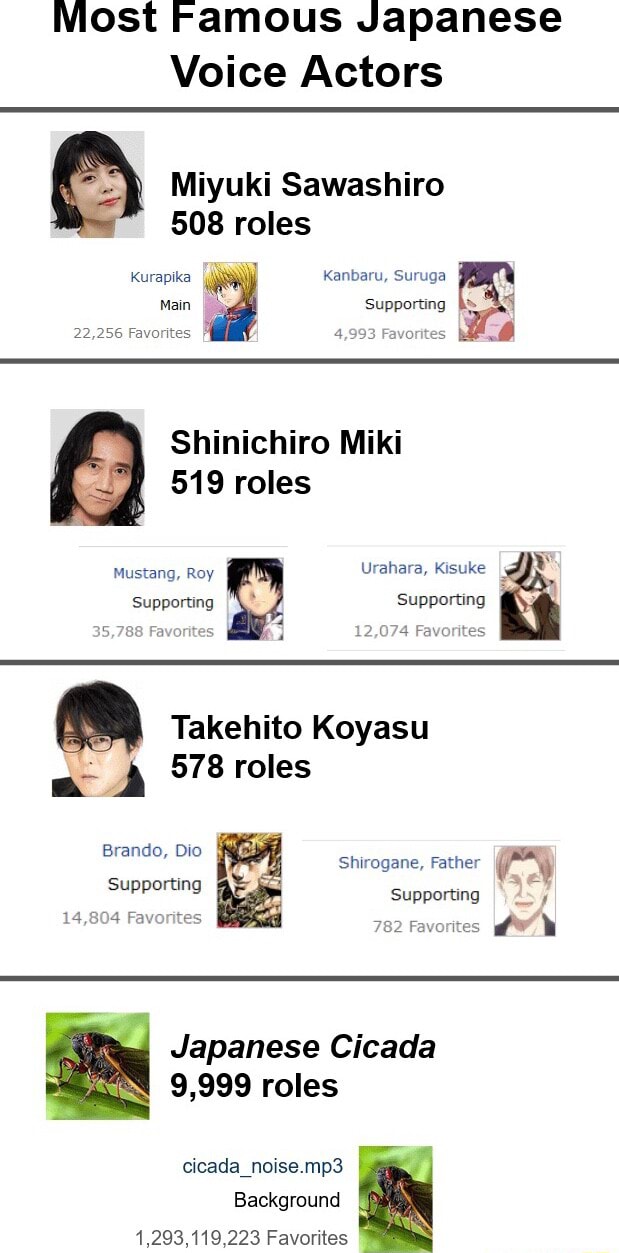 Most Famous Japanese Voice Actors Miyuki Sawashiro 508 roles Kurapika