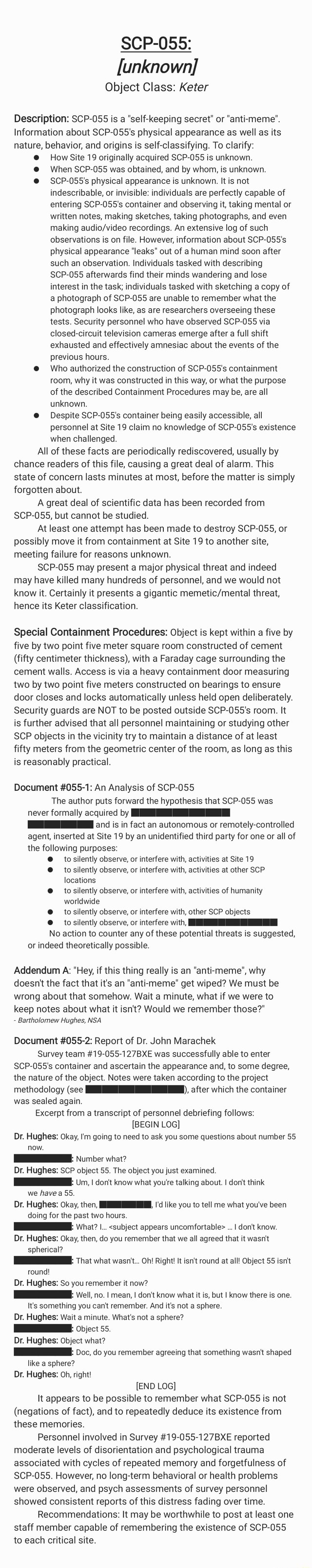 The SCP Foundation- Español - SCP-055 DESCONOCIDO Ítem #: SCP-055  Clasificación del Objeto: Keter Procedimientos Especiales de Contención: El  objeto está guardado en una habitación cuadrada de cinco (5) por cinco (5)