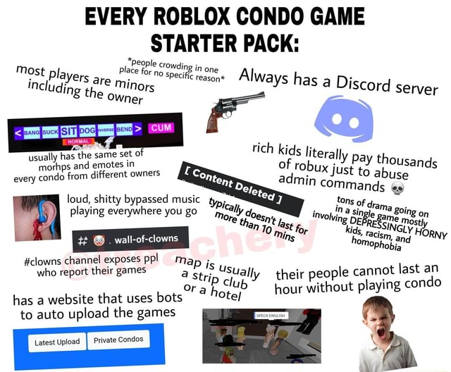 EVERY ROBLOX CONDO GAME STARTER PACK: lace pple Crowding in one TNO  specific reason* Most incl pl Players are Uding th including the minors  specific re, ason Always has a Discord server