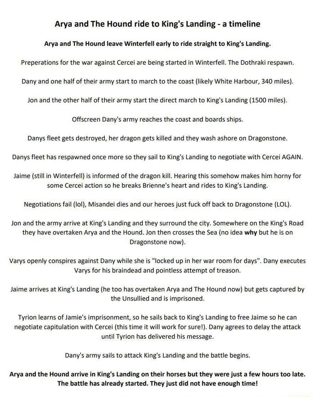 Arya and The Hound ride to King's Landing a timeline Arya and The