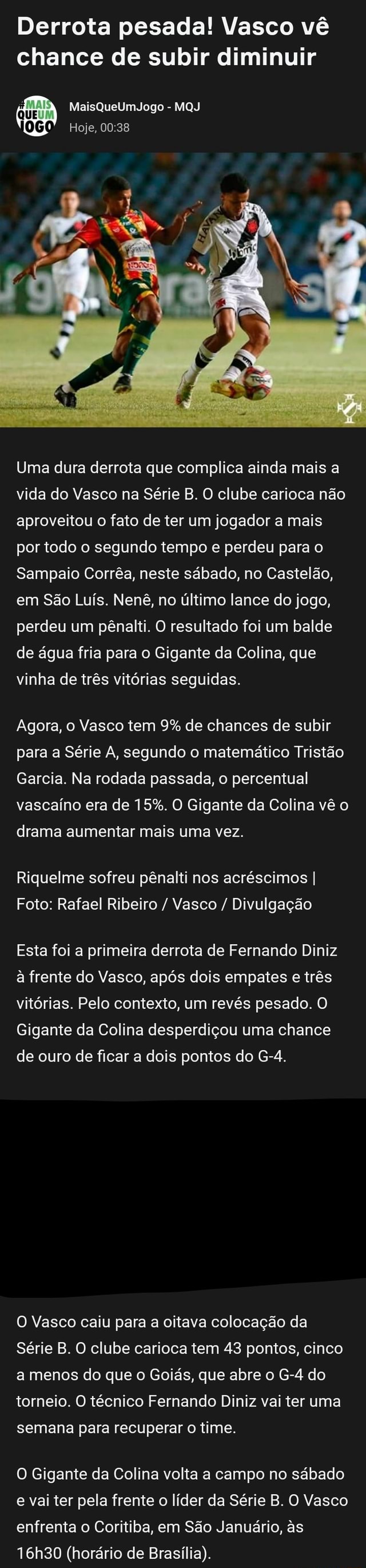 Vasco perde para Sampaio Corrêa, mas pode subir com combinação de  resultados