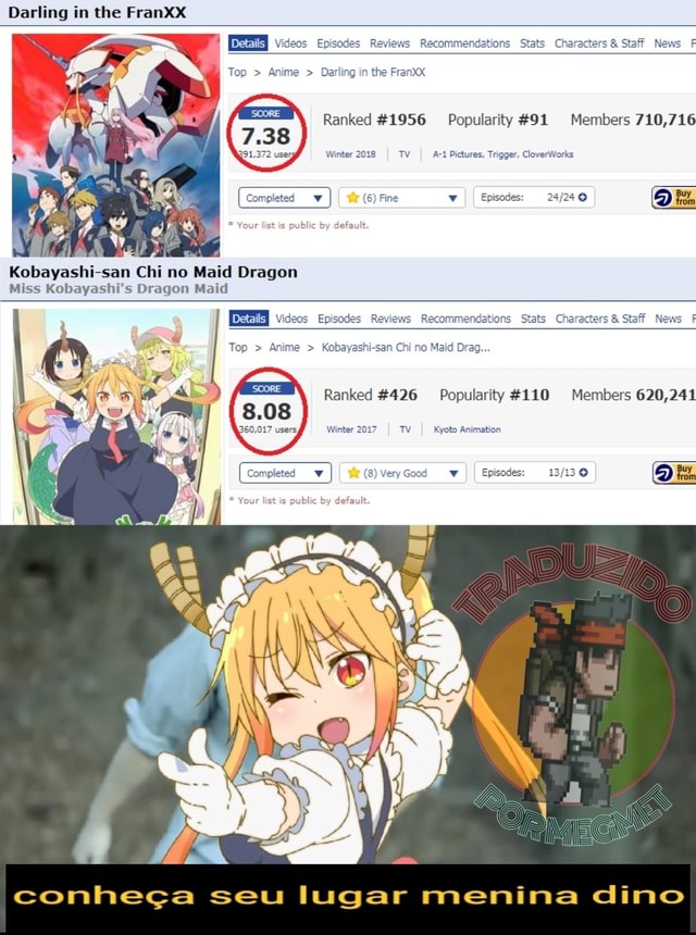 Darling in the FranXX 3 EEZB videos Episodes Rev Anime Darling in the  Franxx Recommendations Stats Characters Staff Ranked #1956 Popularity #91  Members 710,716 Winter 2018 I A-t Pictures, Trigger, CloverWorks [completed