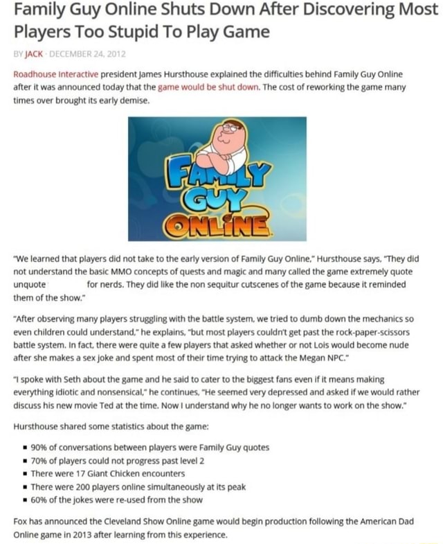 Family Guy Online Shuts Down After Discovering Most Players Too